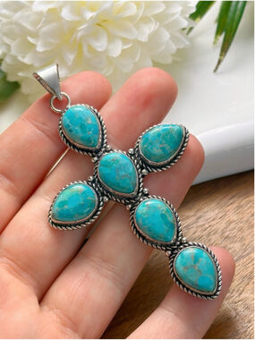 XL Mohave Turquoise Cross Pendant Southwest Sterling Silver 925 Overlay Handmade